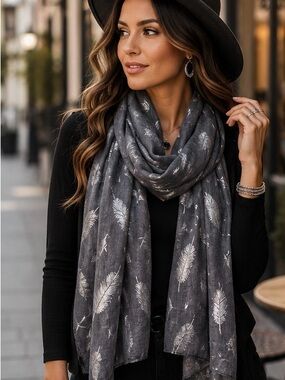 Stunning Boho Gray Silver Feather Print Scarf Lightweight Glitter Metallic